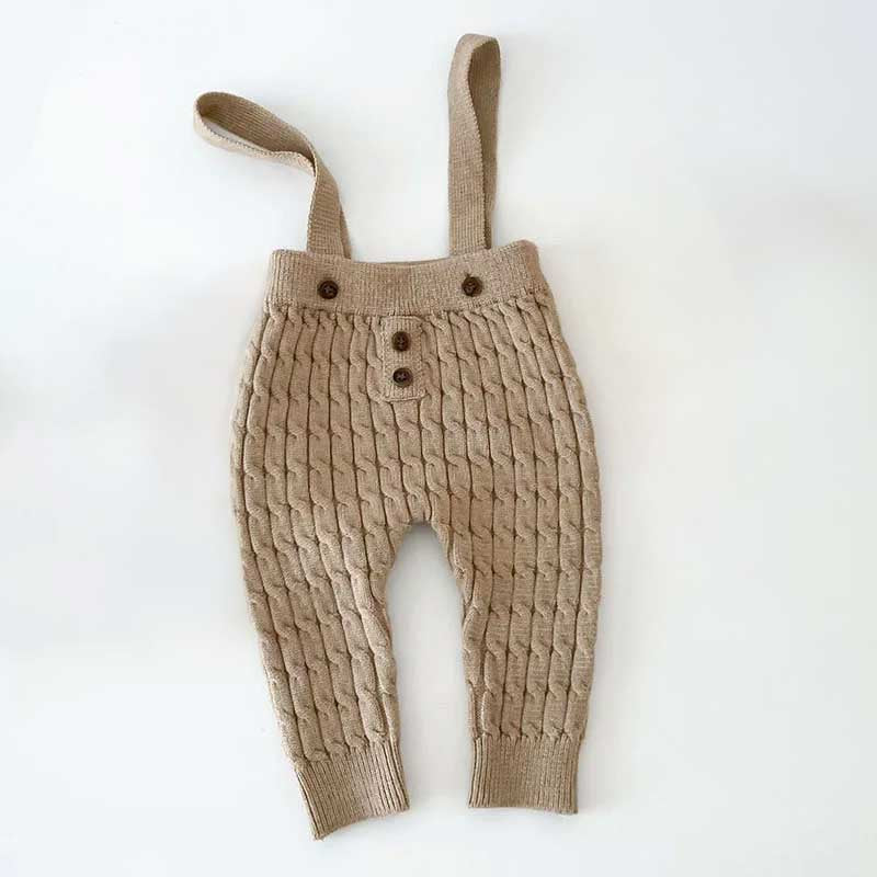 Striped Ribbed Knit Sweater & Cable Knit Overall Pants Set - Beige