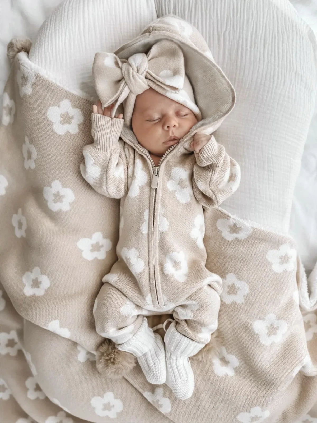 Knit White Flower Hooded Baby Romper