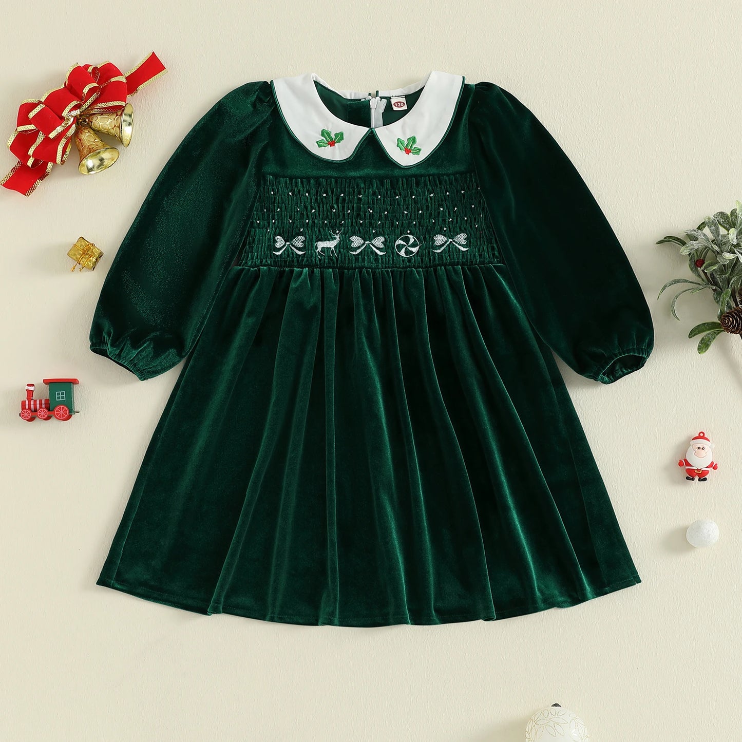 VelvetHolly Girls Christmas Velvet Dress with Embroidery