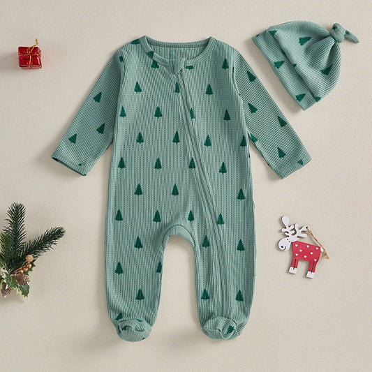 Balsam Tree Print Waffle Zippered Onesie & Hat Set