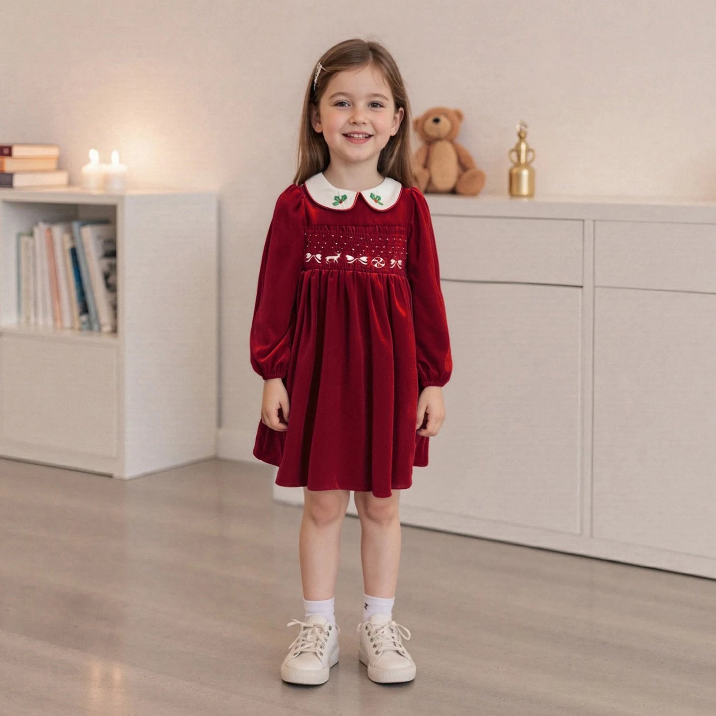 VelvetHolly Girls Christmas Velvet Dress with Embroidery