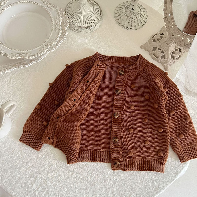 Pom Button Up Cardigan in Coffee