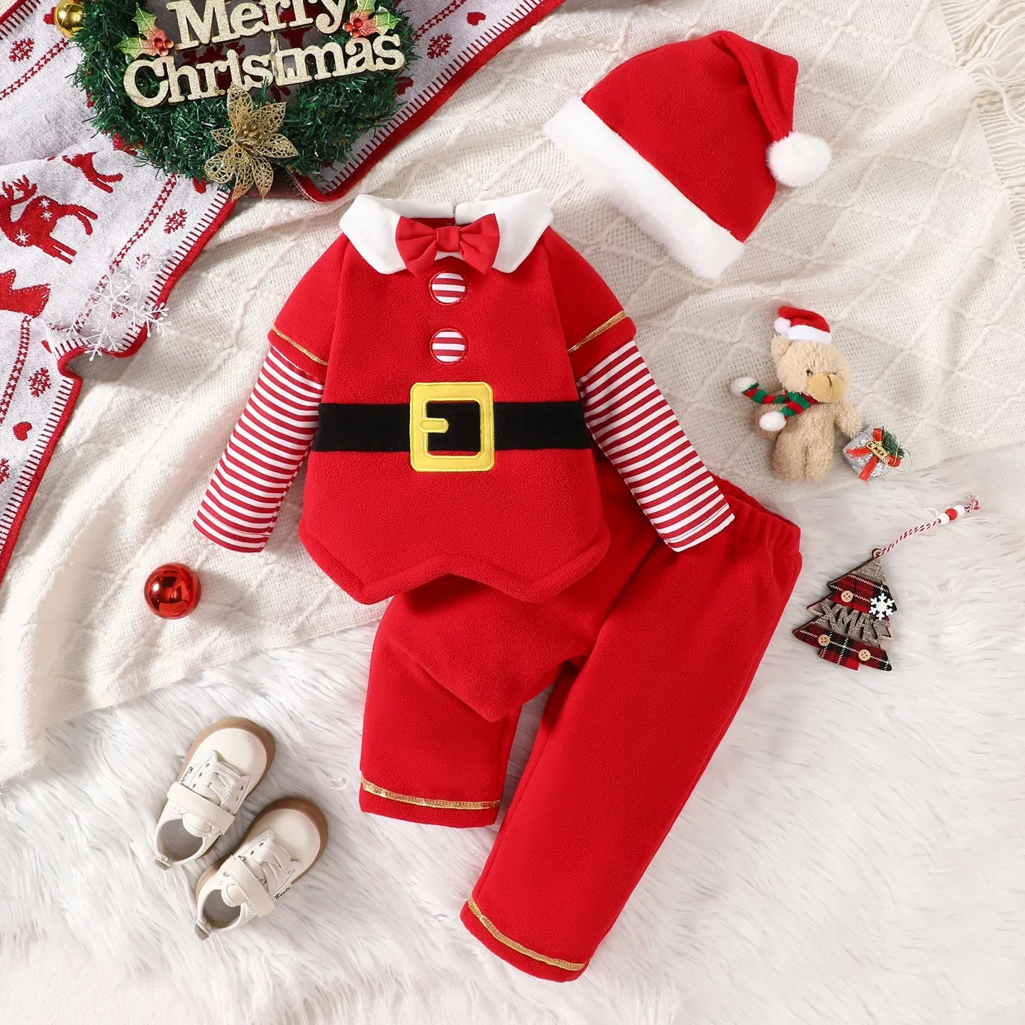 Christmas Baby Newborn Santa Costume 3Pcs Sets 0-4Y Baby Girl Boy