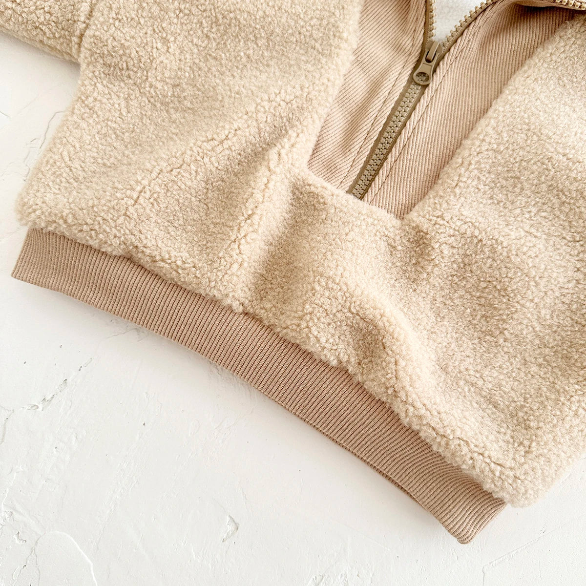 Sherpa & Corduroy 1/4 Zip Pullover Sweater - Beige