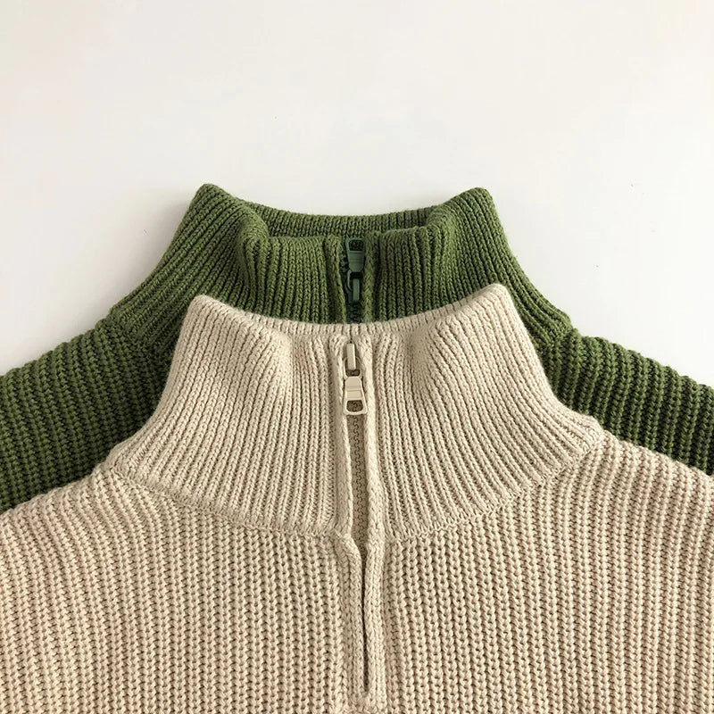 Ribbed Knit 1/4 Zip Striped Sweater