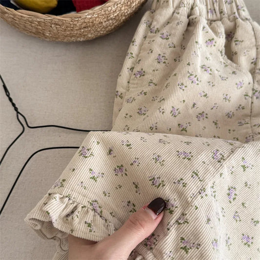 Girls Floral Corduroy Ruffle Cuff Pants