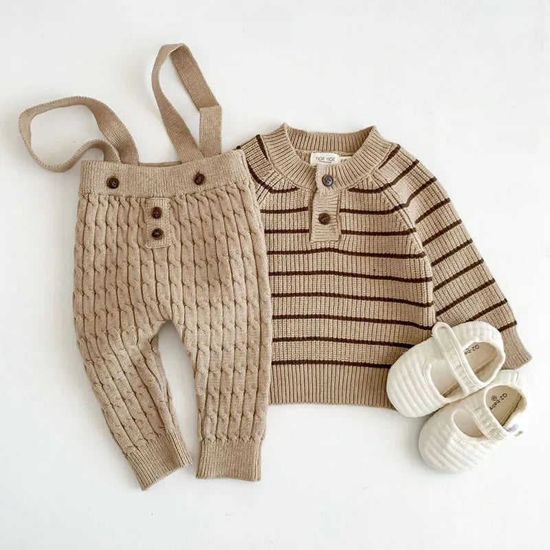 Striped Ribbed Knit Sweater & Cable Knit Overall Pants Set - Beige