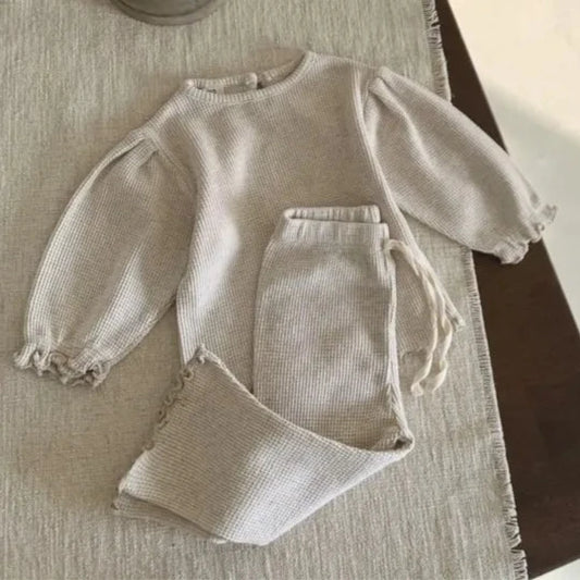 Waffle Knit Puff Sleeve Shirt Flared Pants