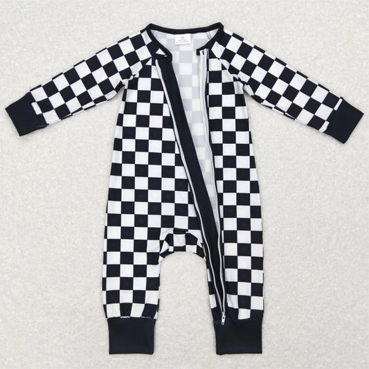 Checkered Zippered Onesie in Black