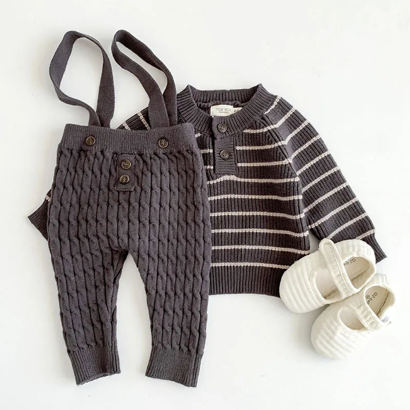 Striped Ribbed Knit Sweater & Cable Knit Overall Pants Set - Dark Grey