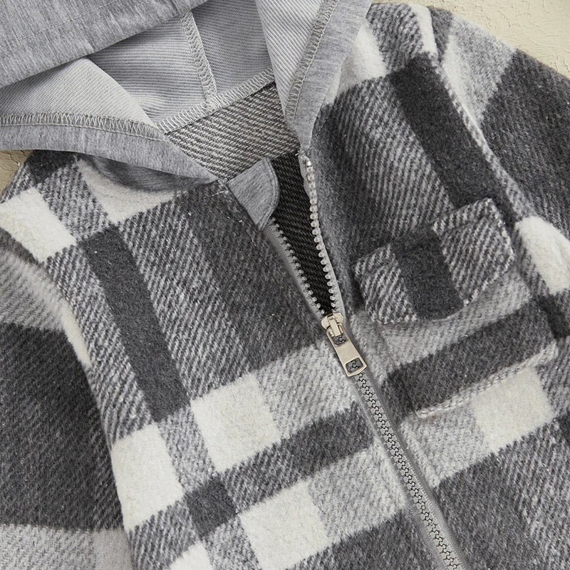 Grey Plaid Hooded Zip Up Sweater Jacket