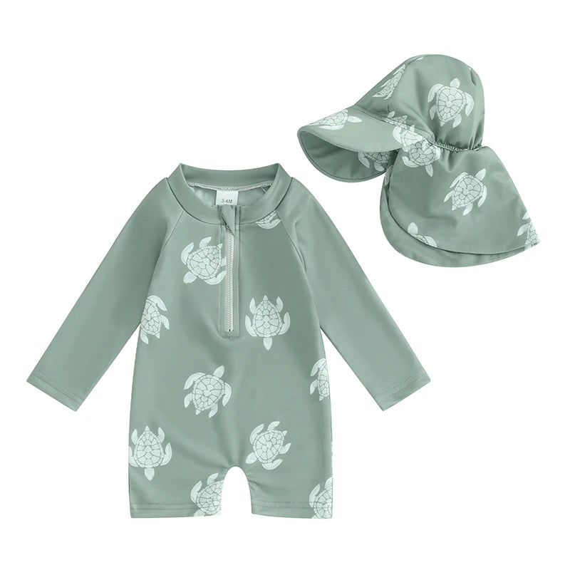 Turtle Print Front Zip One-Piece Rashguard Swimsuit & Hat Set