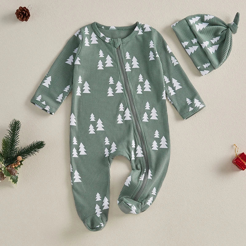 Tree Print Waffle Zippered Onesie & Hat Set