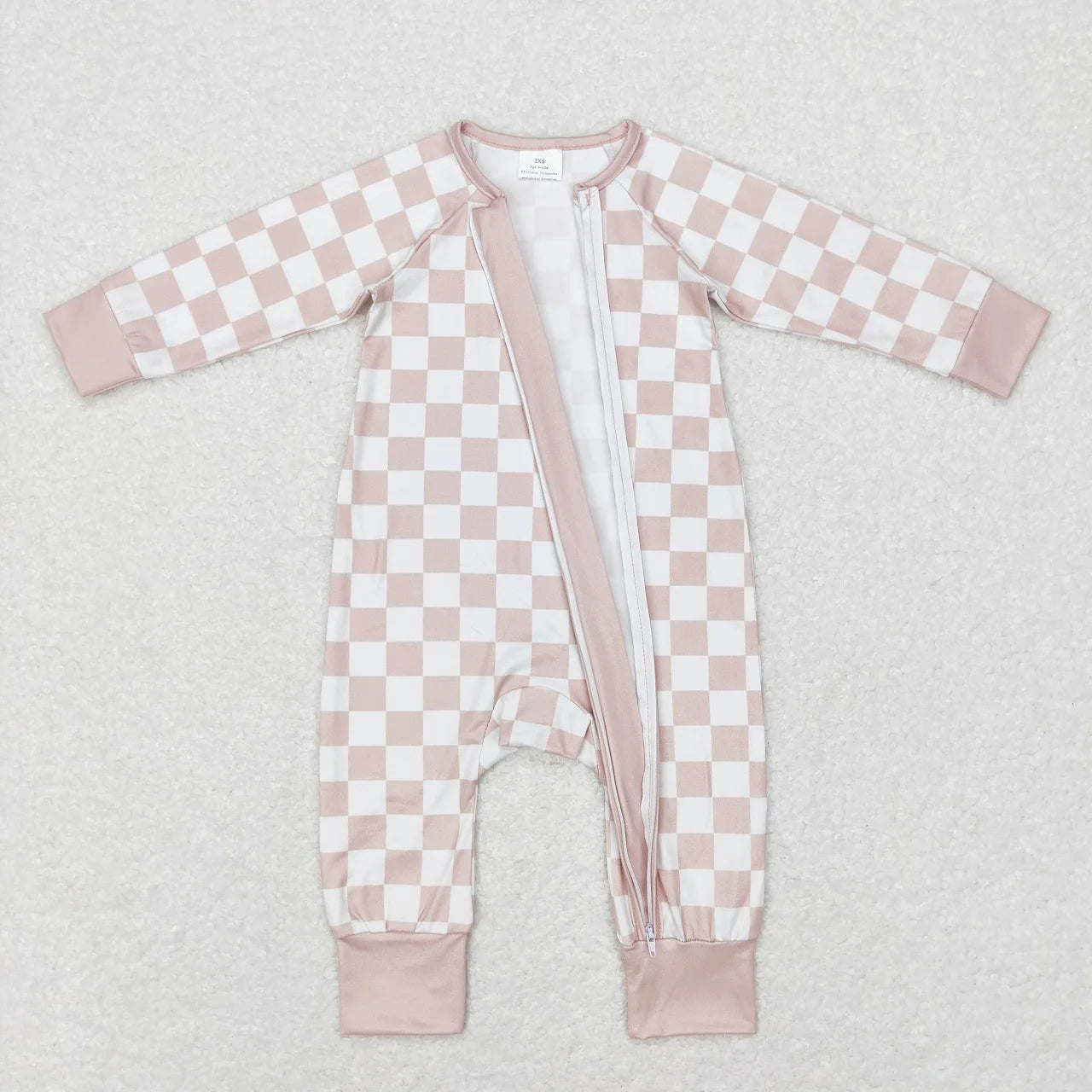 Checkered Zippered Onesie in Beige