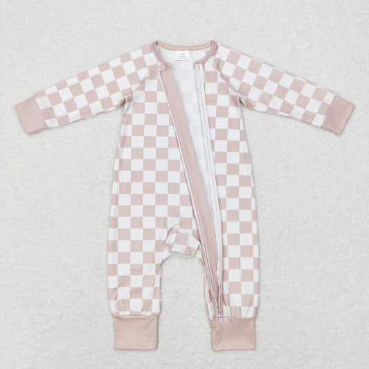 Checkered Zippered Onesie in Beige