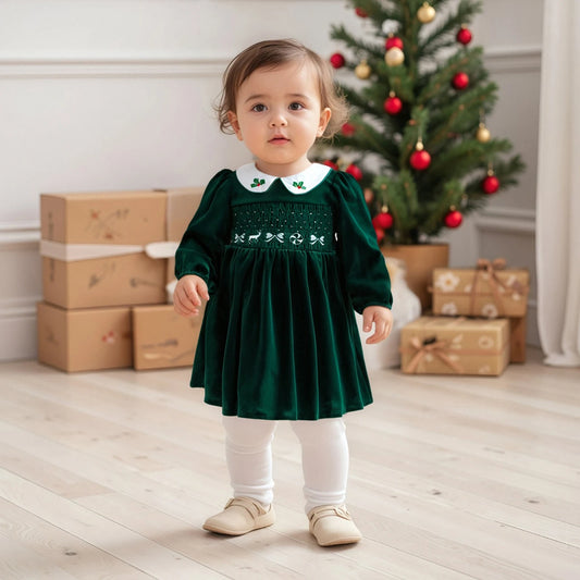 VelvetHolly Girls Christmas Velvet Dress with Embroidery