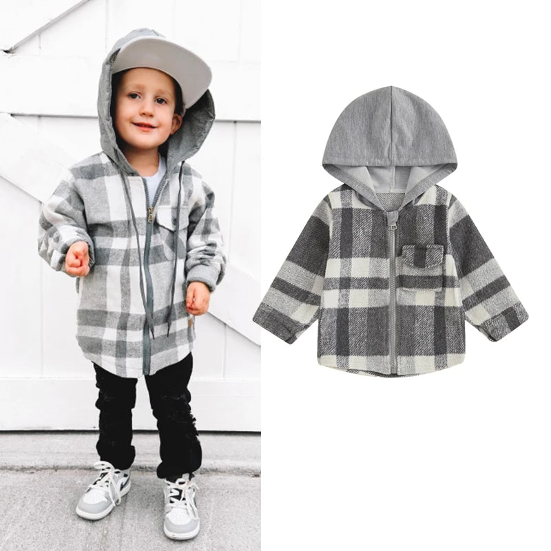 Grey Plaid Hooded Zip Up Sweater Jacket