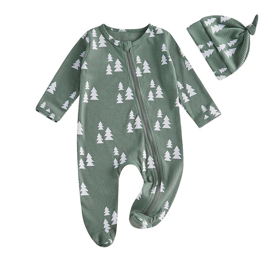 Tree Print Waffle Zippered Onesie & Hat Set