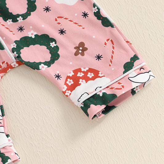 Girls Button Up Christmas PJ's - Pink Santa & Wreath Print