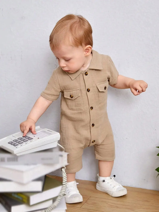 Collared Khaki Short-Sleeved Jumpsuit