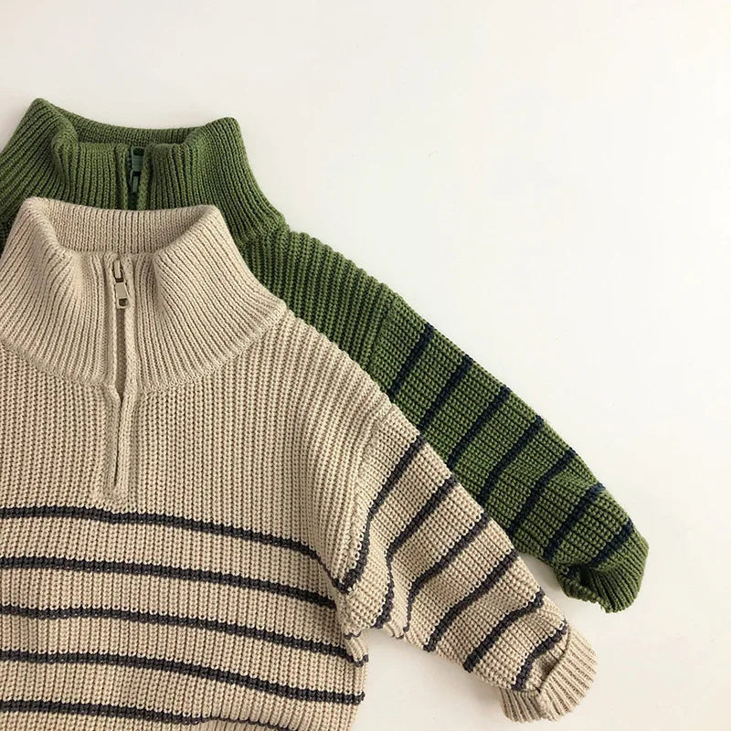 Ribbed Knit 1/4 Zip Striped Sweater