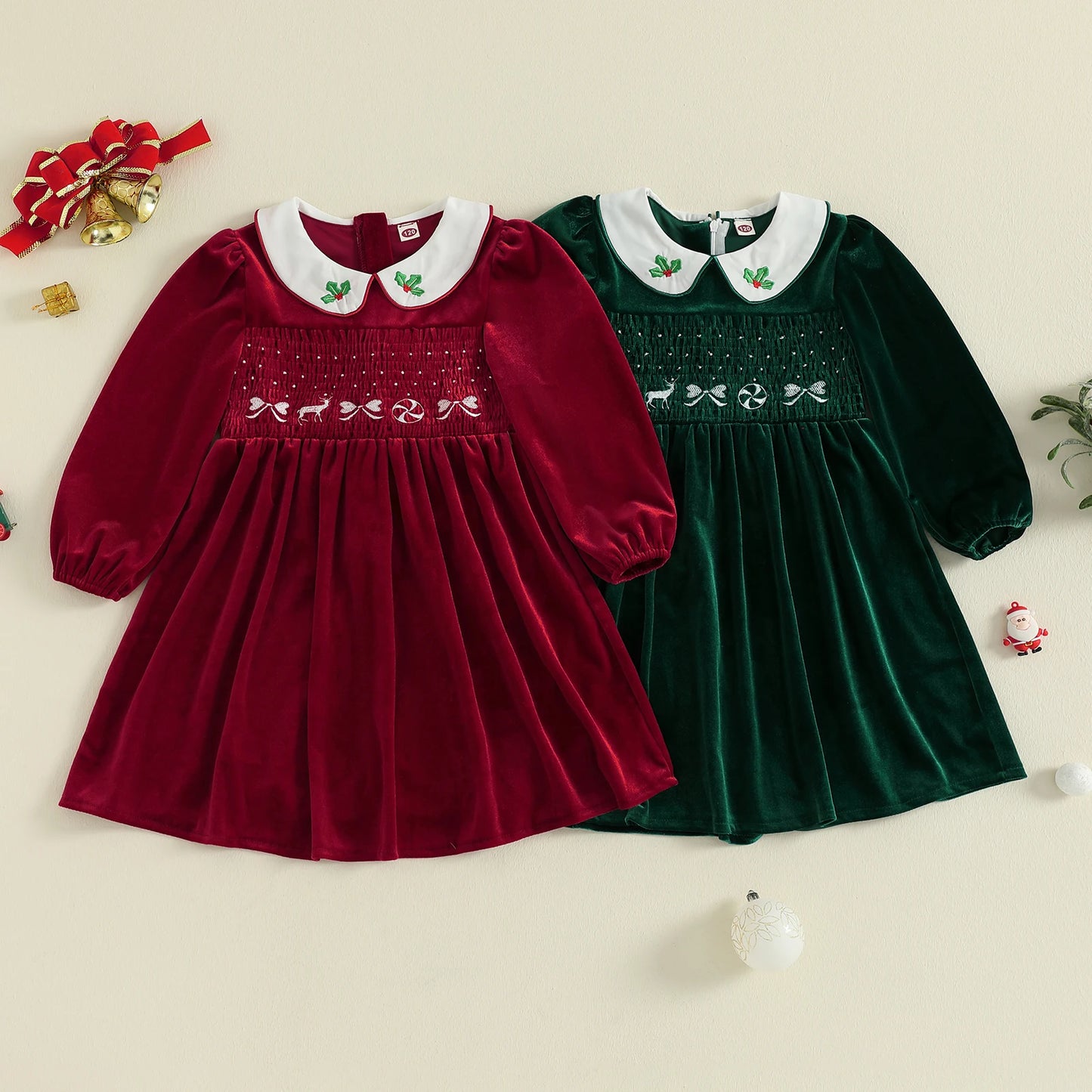 VelvetHolly Girls Christmas Velvet Dress with Embroidery
