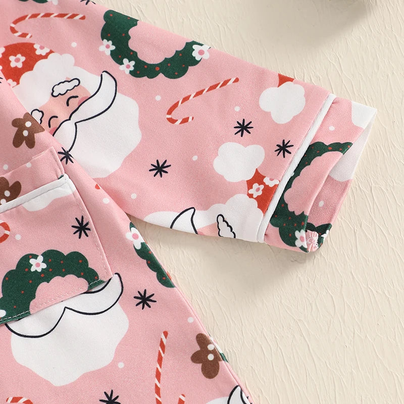 Girls Button Up Christmas PJ's - Pink Santa & Wreath Print