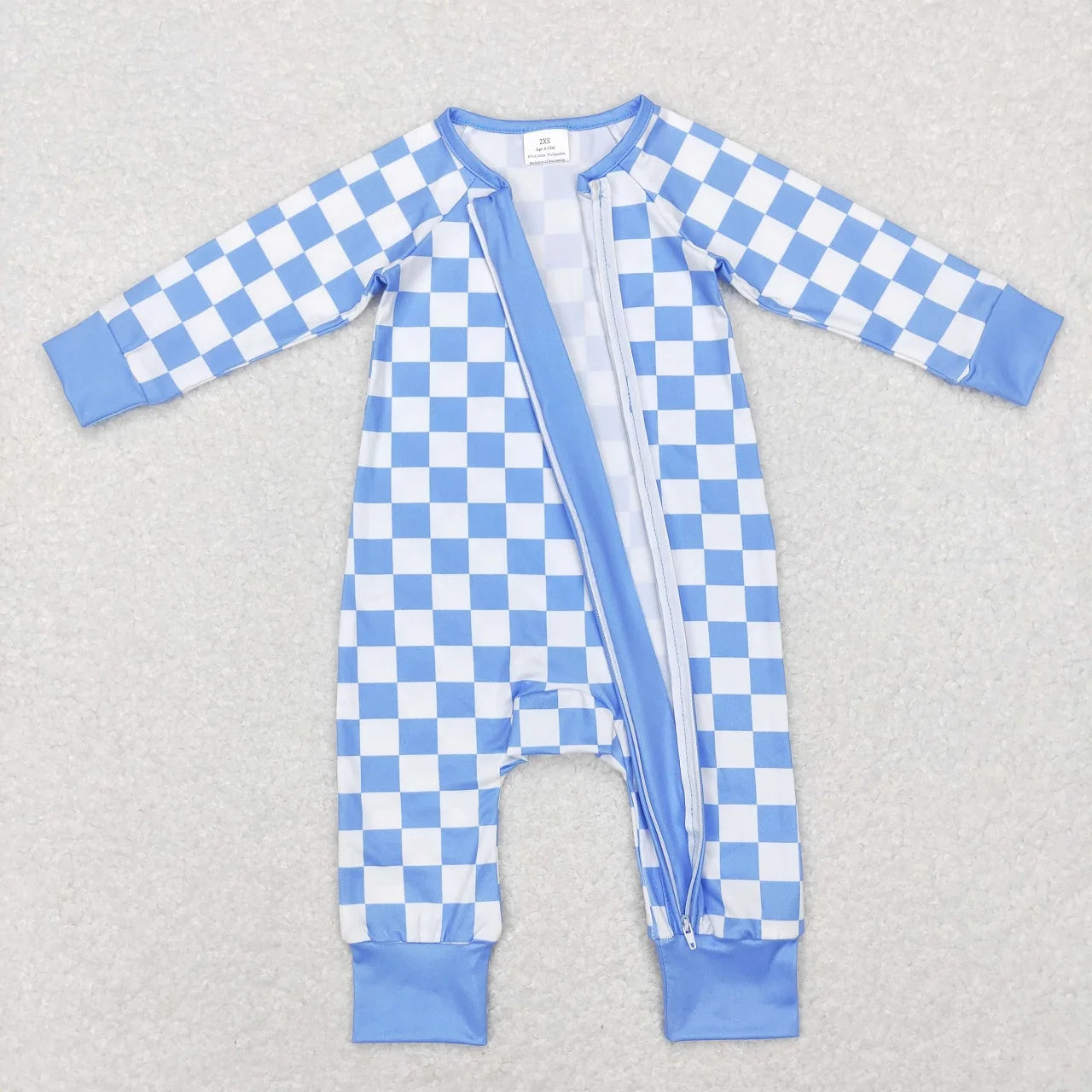 Checkered Zippered Onesie in Sky Blue