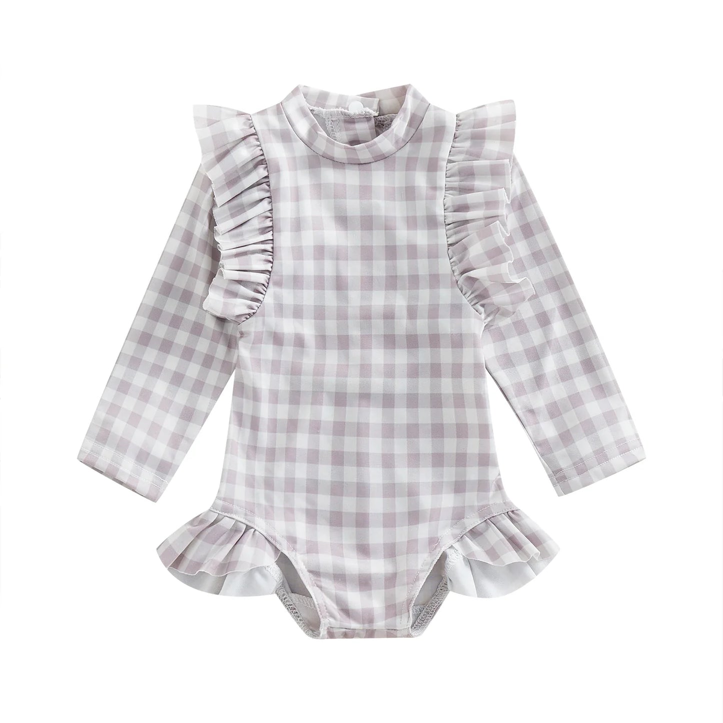 Lavender Plaid Girls One-Piece Ruffle Swimsuit