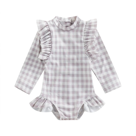 Lavender Plaid Girls One-Piece Ruffle Swimsuit
