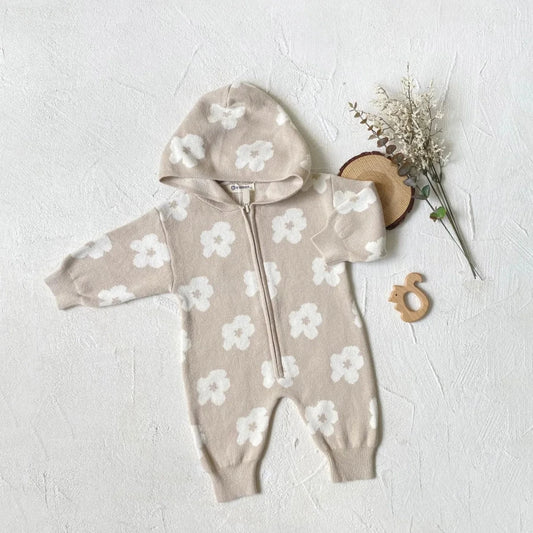 Knit White Flower Hooded Baby Romper