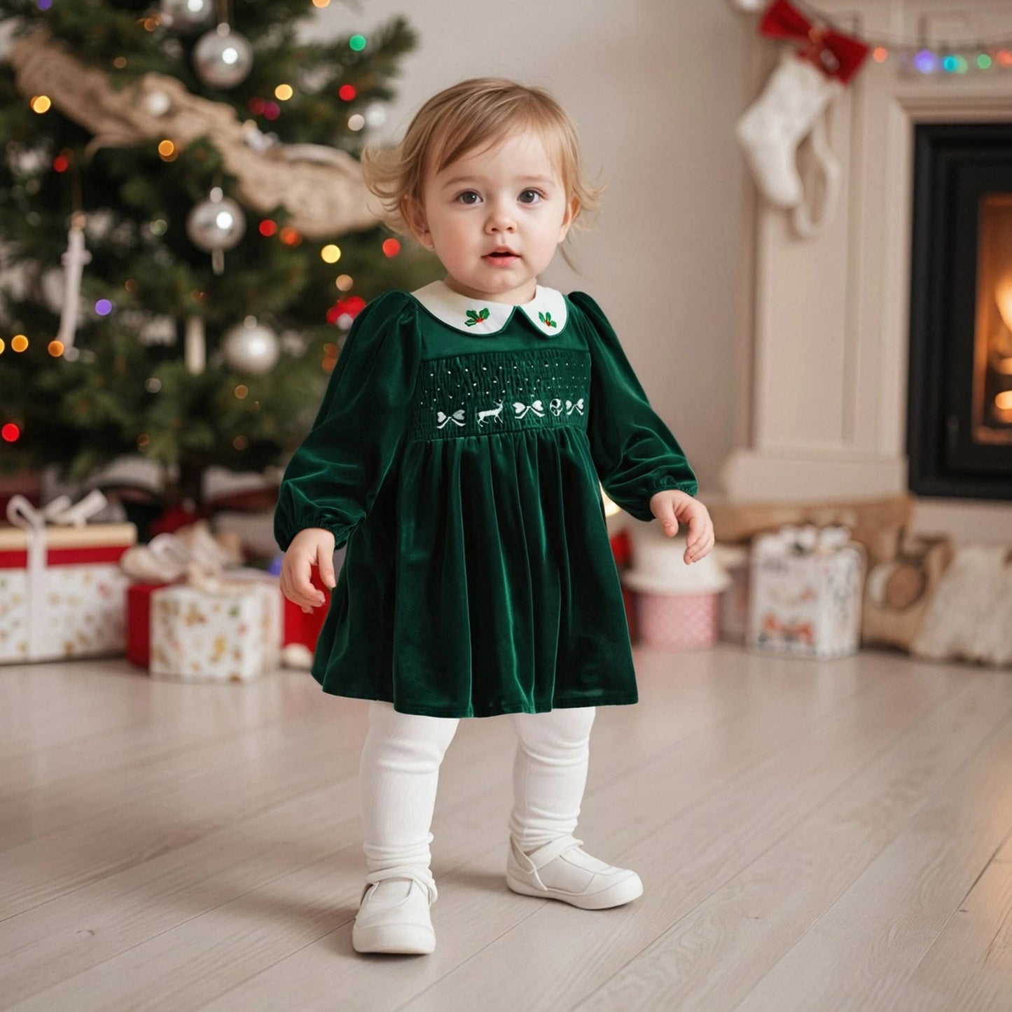 VelvetHolly Girls Christmas Velvet Dress with Embroidery