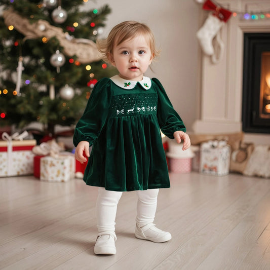 VelvetHolly Girls Christmas Velvet Dress with Embroidery