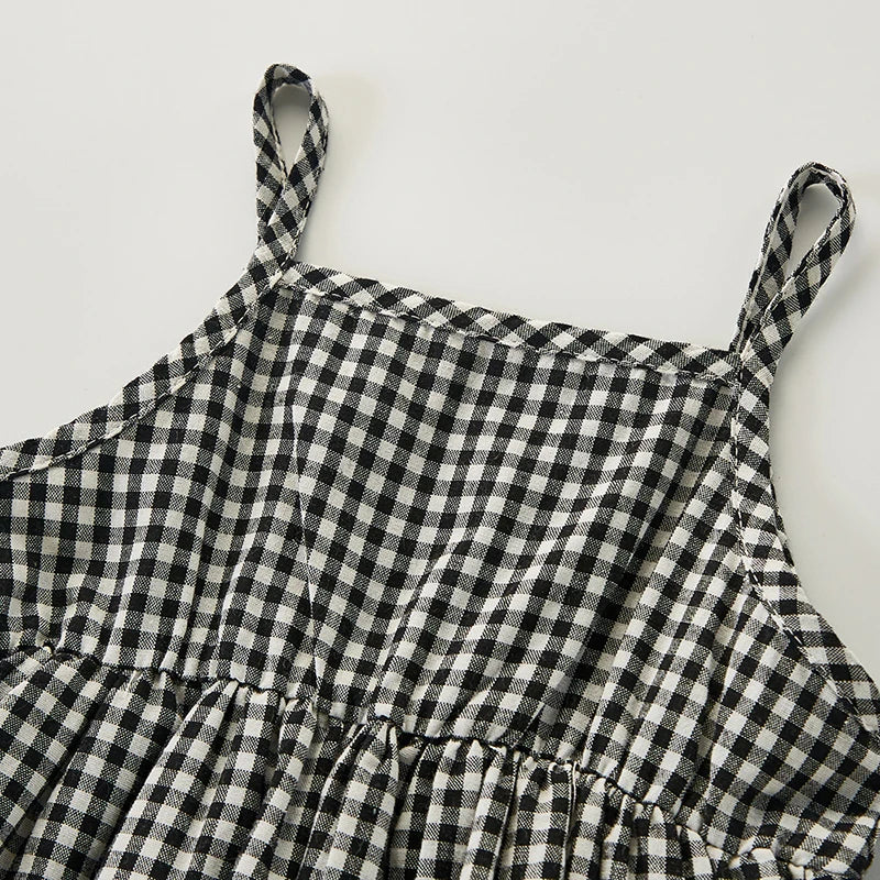 Plaid Summer Tank Dress Sun Hat Set in Black