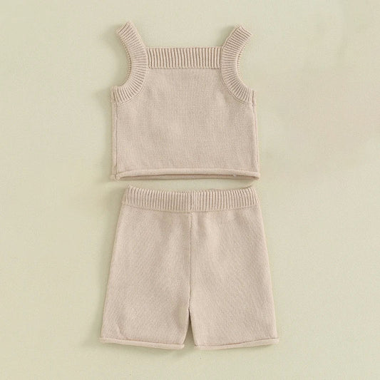 Daisy Knit Tank & Shorts Set - Beige