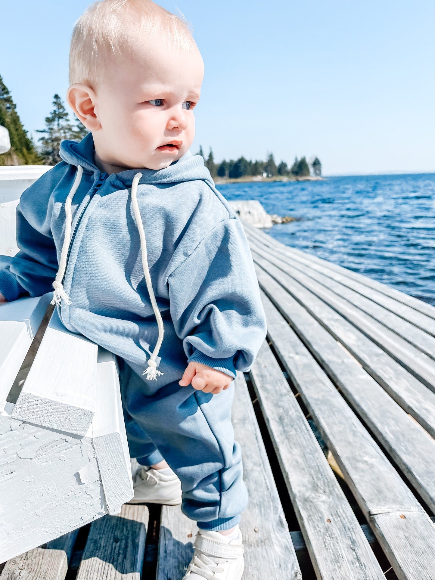 Hooded Zip Romper in Blue