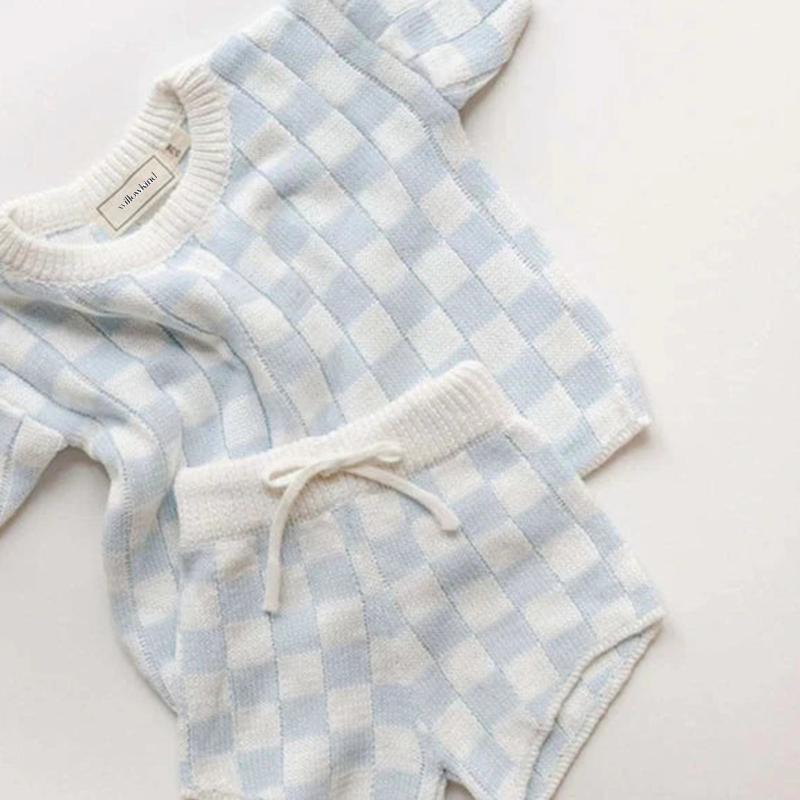 Summer Knit Checkered Set - Blue