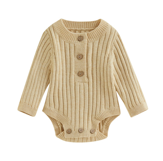 Ribbed Knit Button Romper in Sand