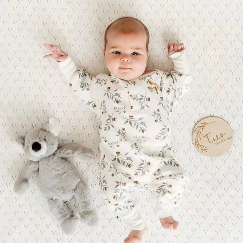 White & Beige Foliage Print Cotton Onesie