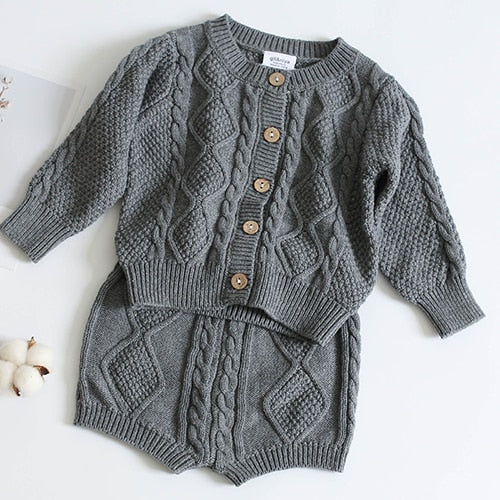 Cable Knit Sweater Cardigan & Shorts Set - Grey