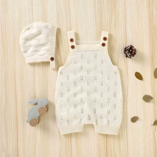 Knit Patterned Overalls & Bonnet Set - White