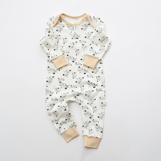 White & Beige Foliage Print Cotton Onesie