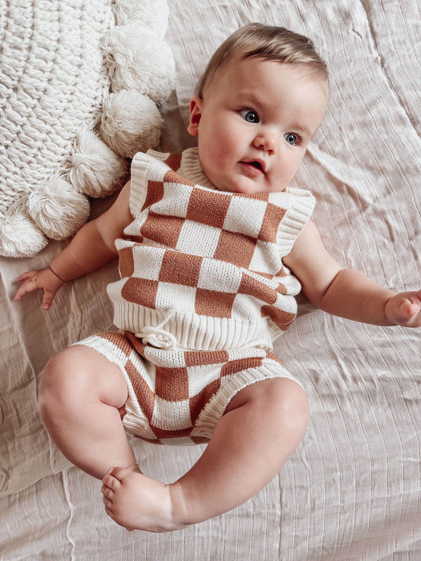 Checkerboard Knit Sleeveless Sweater & Tie-Up Shorts