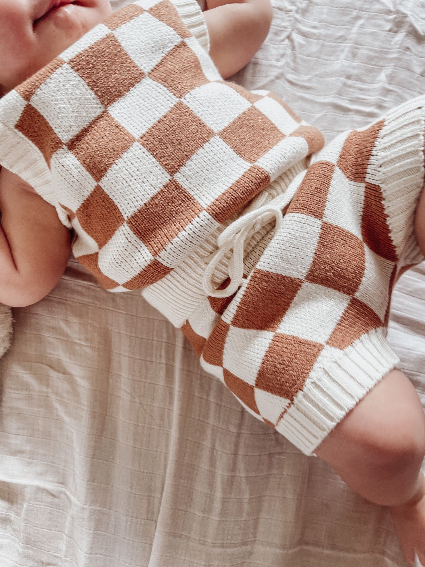 Checkerboard Knit Sleeveless Sweater & Tie-Up Shorts