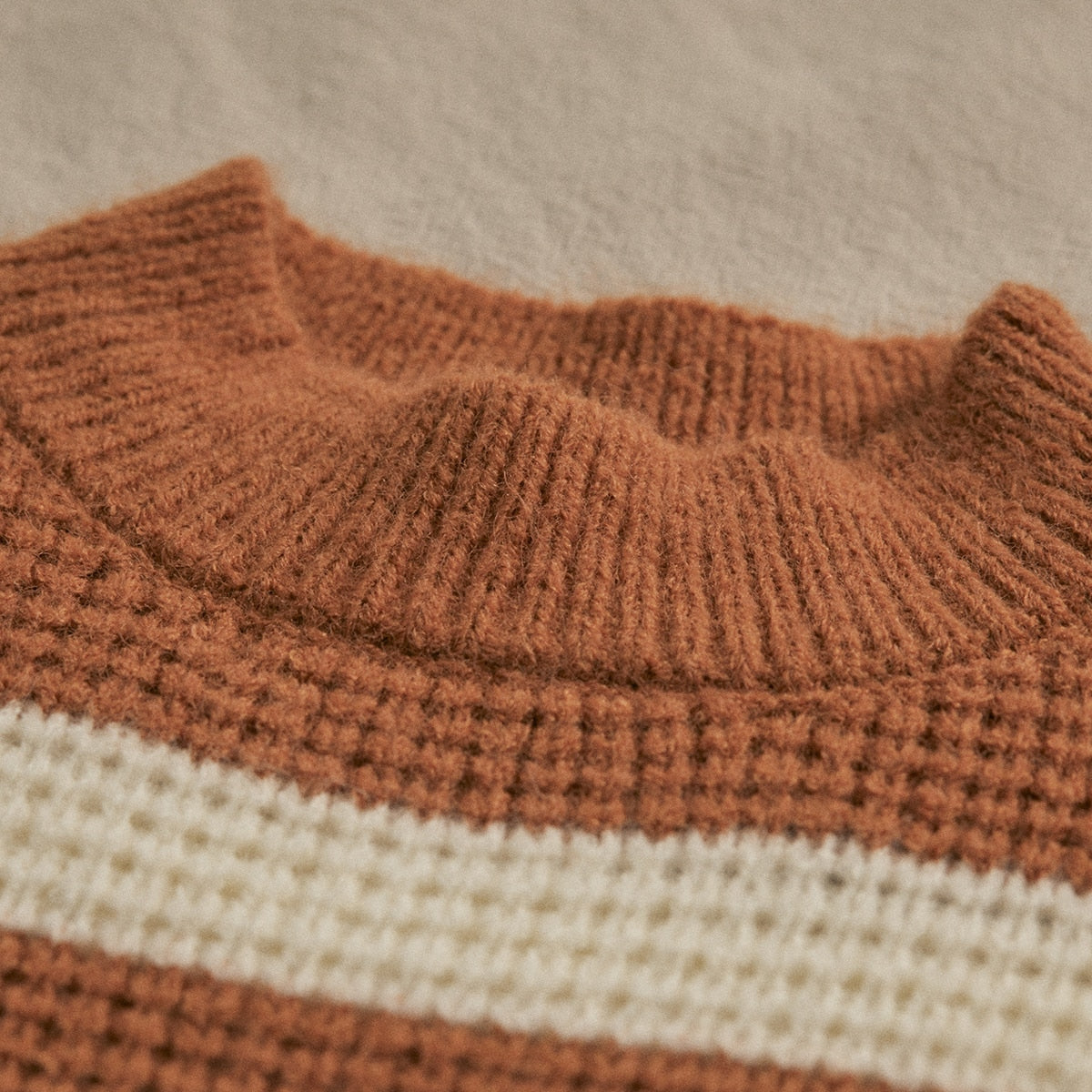 Striped Knit Pullover Sweater in Caramel