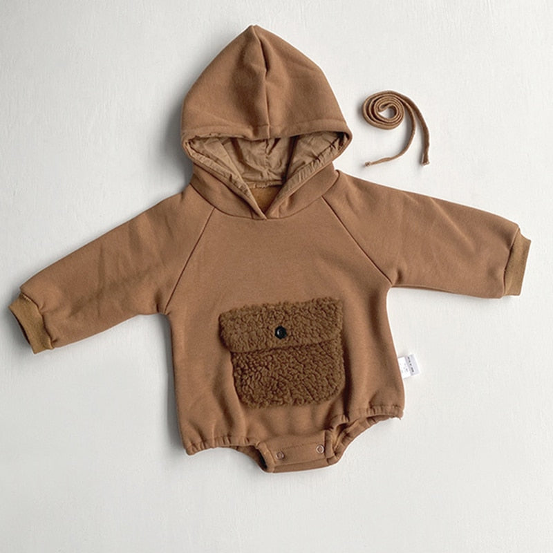 Sherpa Pocket Hooded Romper in Coffee