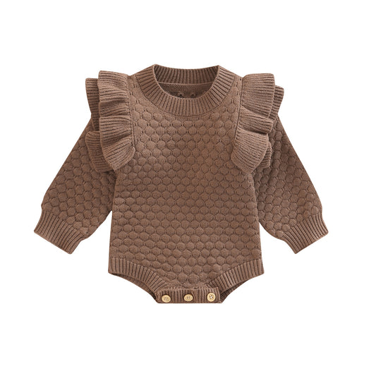 Knit Flutter Sleeve Sweater Romper in Brown