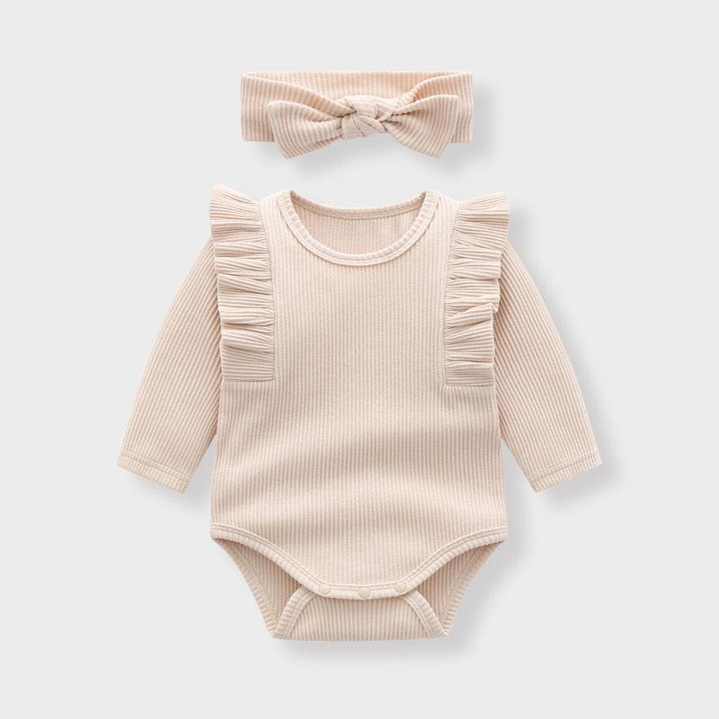 Ribbed Ruffle Sleeve Onesie & Matching Bow in Beige