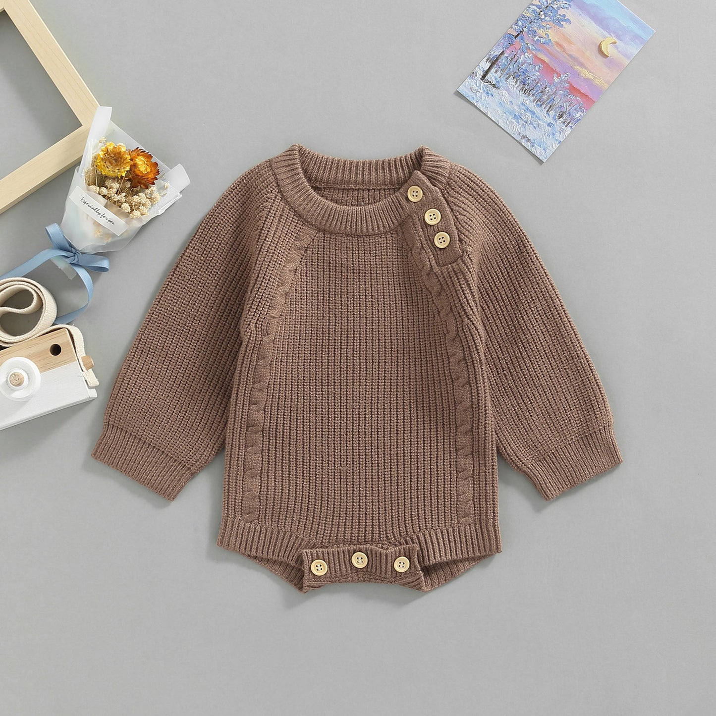 Side Button Knit Romper in Coffee