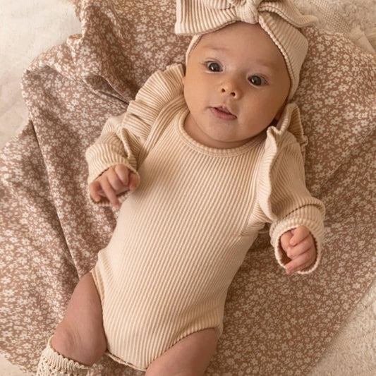 Ribbed Ruffle Sleeve Onesie & Matching Bow in Beige